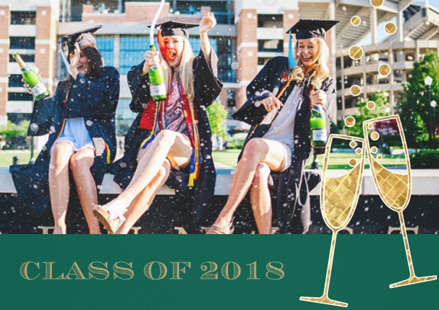 Fun graduation invitation card with two champagne glasses, photo and text. Green.