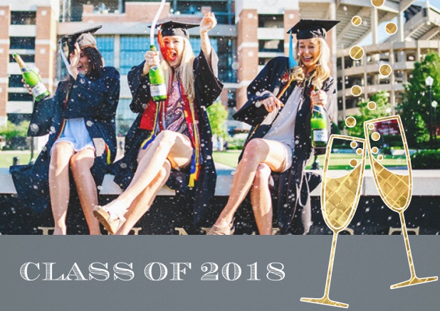 Fun graduation invitation card with two champagne glasses, photo and text. Grey.