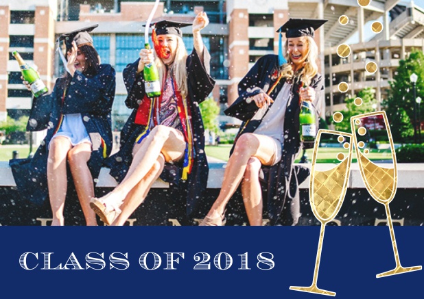 Fun graduation invitation card with two champagne glasses, photo and text. Navy.
