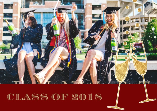 Fun graduation invitation card with two champagne glasses, photo and text.