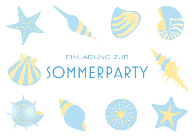 Online Einladungskarte zur Beach Sommerparty mit 8 Strand-Abbildungen und anpassbarem Text. Blau.