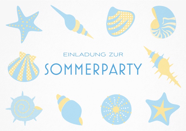 Einladungskarte zur Beach Sommerparty mit 8 Strand-Abbildungen und anpassbarem Text.