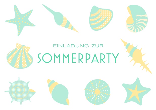 Online Einladungskarte zur Beach Sommerparty mit 8 Strand-Abbildungen und anpassbarem Text. Grün.