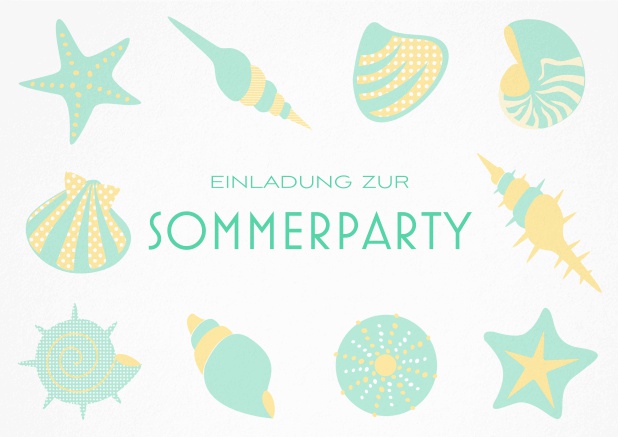 Einladungskarte zur Beach Sommerparty mit 8 Strand-Abbildungen und anpassbarem Text. Grün.