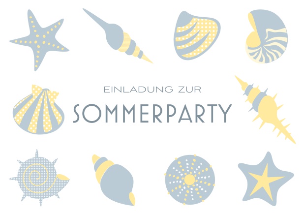 Online Einladungskarte zur Beach Sommerparty mit 8 Strand-Abbildungen und anpassbarem Text. Grau.