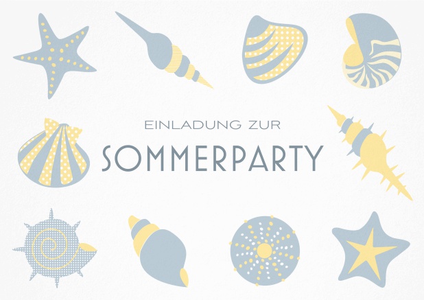 Einladungskarte zur Beach Sommerparty mit 8 Strand-Abbildungen und anpassbarem Text. Grau.