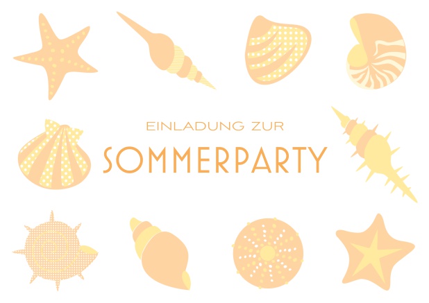 Online Einladungskarte zur Beach Sommerparty mit 8 Strand-Abbildungen und anpassbarem Text. Orange.