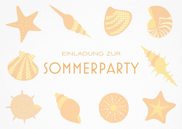 Einladungskarte zur Beach Sommerparty mit 8 Strand-Abbildungen und anpassbarem Text. Orange.