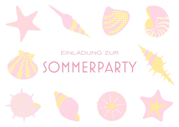 Online Einladungskarte zur Beach Sommerparty mit 8 Strand-Abbildungen und anpassbarem Text. Rosa.