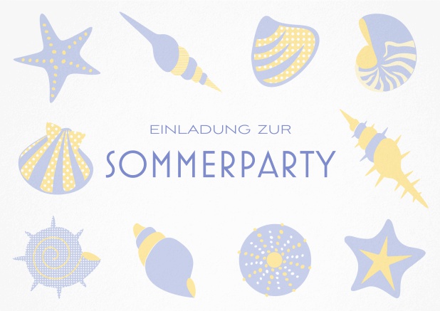 Einladungskarte zur Beach Sommerparty mit 8 Strand-Abbildungen und anpassbarem Text. Lila.