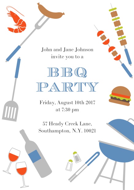 Online BBQ invitation card with hot dog, grill, cheeseburger and wine on it. Blue.