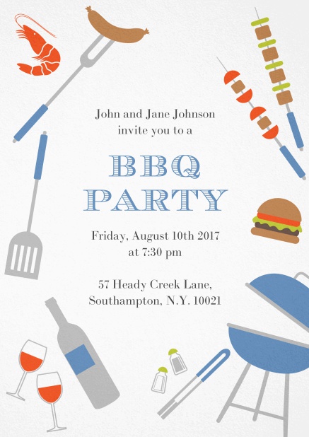 BBQ invitation card with hot dog, grill, cheeseburger and wine on it. Blue.