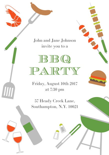 Online BBQ invitation card with hot dog, grill, cheeseburger and wine on it. Green.