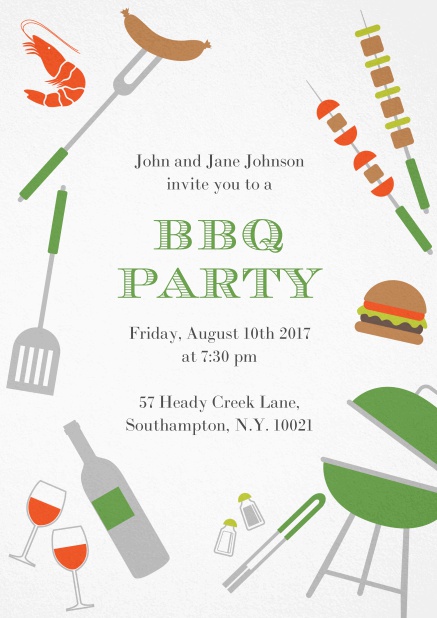 BBQ invitation card with hot dog, grill, cheeseburger and wine on it. Green.