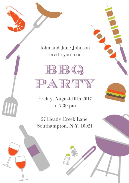 Online BBQ invitation card with hot dog, grill, cheeseburger and wine on it. Purple.