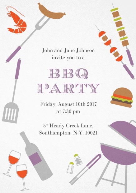 BBQ invitation card with hot dog, grill, cheeseburger and wine on it. Purple.