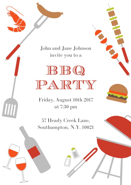 Online BBQ invitation card with hot dog, grill, cheeseburger and wine on it.