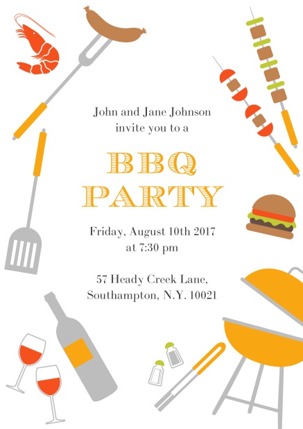 Online BBQ invitation card with hot dog, grill, cheeseburger and wine on it. Yellow.