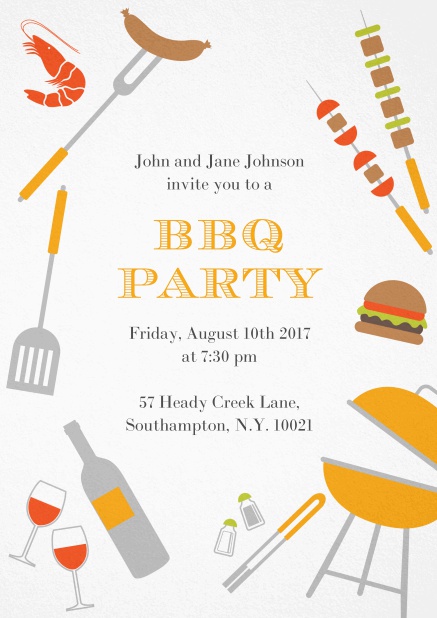 BBQ invitation card with hot dog, grill, cheeseburger and wine on it. Yellow.
