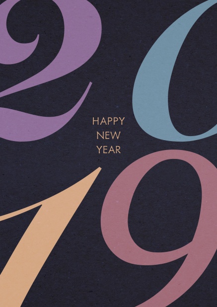 Online Happy New Year online greeting card with colorful 2019 and editable text on dark background.
