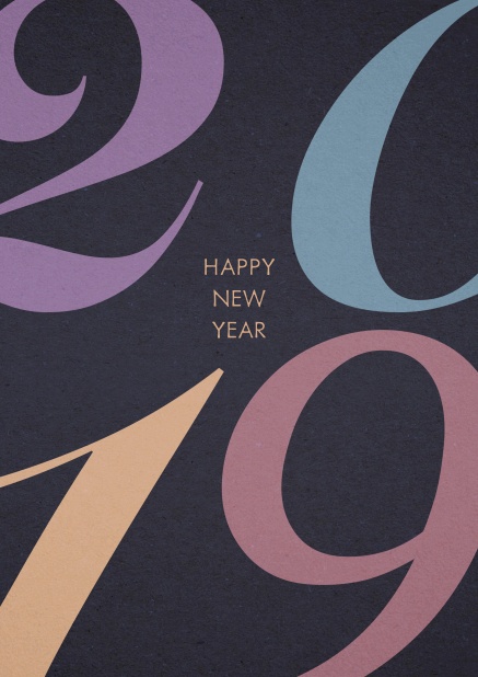 Happy New Year online greeting card with colorful 2019 and editable text on dark background.
