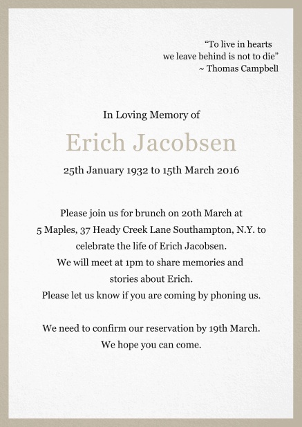 Classic Memorial invitation card with black frame Beige.