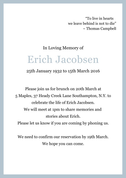Online Classic Memorial invitation card with black frame Blue.