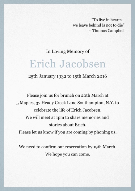 Classic Memorial invitation card with black frame Blue.