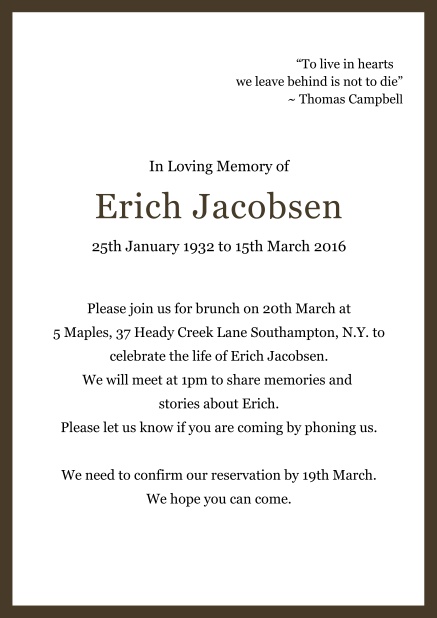 Online Classic Memorial invitation card with black frame Brown.