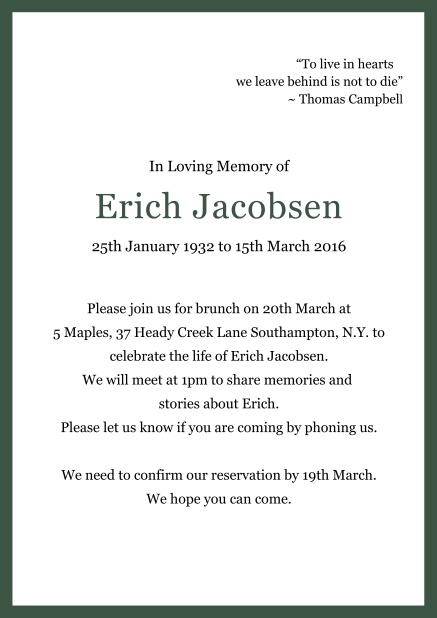 Online Classic Memorial invitation card with black frame Green.