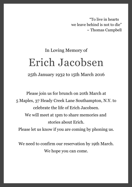 Online Classic Memorial invitation card with black frame Grey.