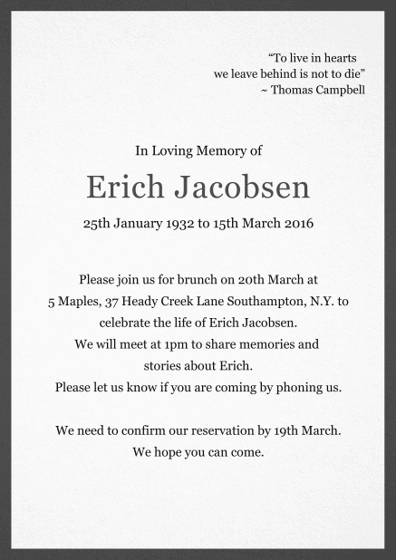 Classic Memorial invitation card with black frame Grey.