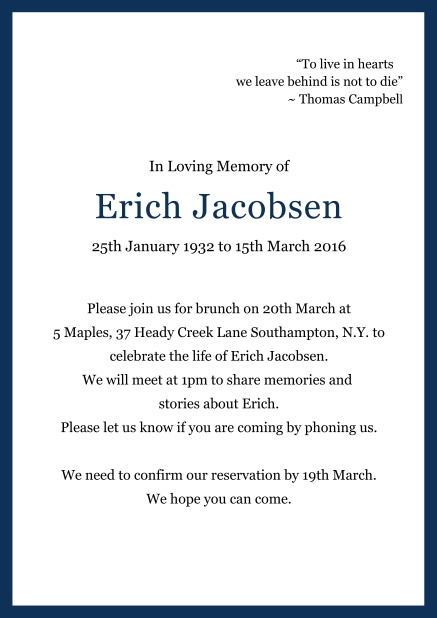 Online Classic Memorial invitation card with black frame Navy.