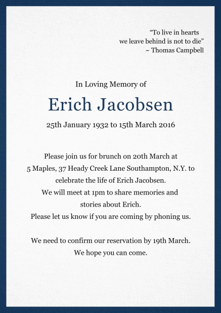 Classic Memorial invitation card with black frame Navy.