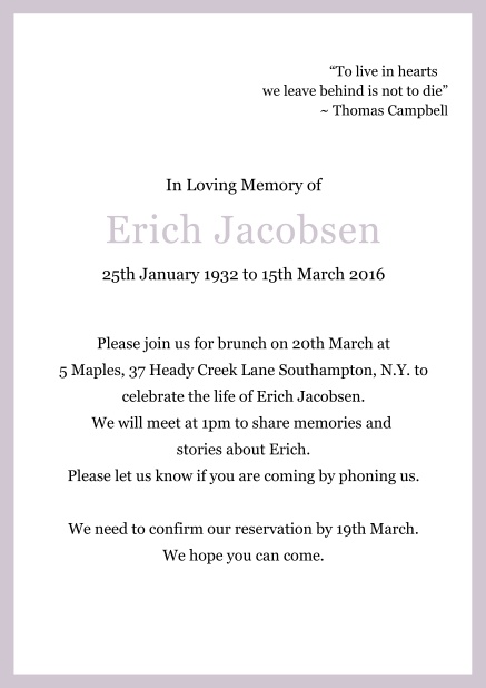 Online Classic Memorial invitation card with black frame Purple.