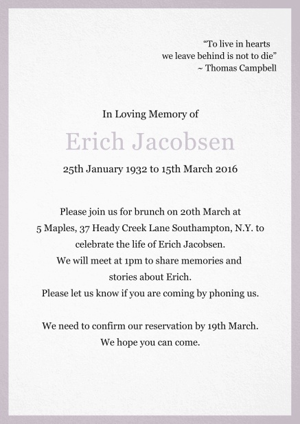 Classic Memorial invitation card with black frame Purple.