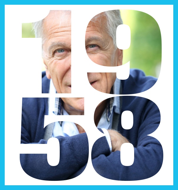 1958 geboren gross - Blau - 60. Geburtstag Online Einladungskarte zum 60. Geburtstag in gross hochkant mit ausgeschnittener 1958. Blau.