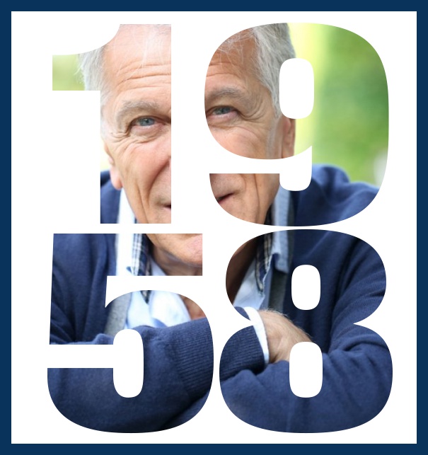 1958 geboren gross - Marine - 60. Geburtstag Online Einladungskarte zum 60. Geburtstag in gross hochkant mit ausgeschnittener 1958. Marine.
