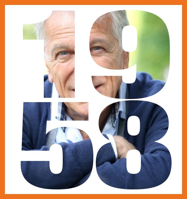 Online Einladungskarte zum 60. Geburtstag in gross hochkant mit ausgeschnittener 1958. Orange.