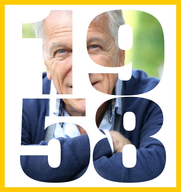 1958 geboren gross - Gelb - 60. Geburtstag Online Einladungskarte zum 60. Geburtstag in gross hochkant mit ausgeschnittener 1958. Gelb.