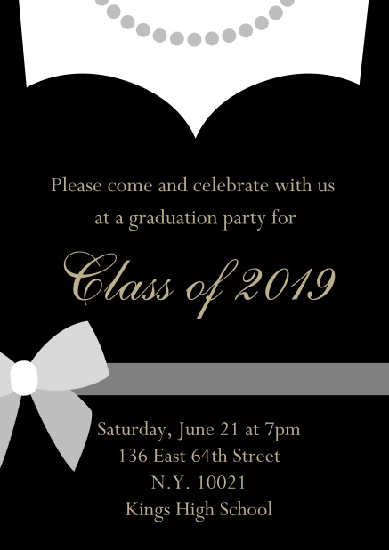 Class of 2019 graduation online invitation card with evening dress and pearls Black.