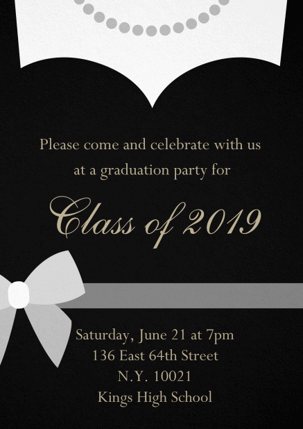 Class of 2019 graduation invitation card with evening dress and pearls Black.