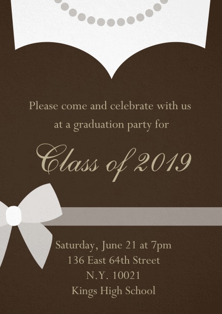 Class of 2019 graduation invitation card with evening dress and pearls Brown.