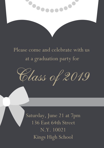 Class of 2019 graduation online invitation card with evening dress and pearls Grey.