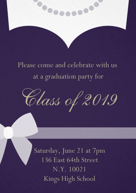 Class of 2019 graduation invitation card with evening dress and pearls Purple.