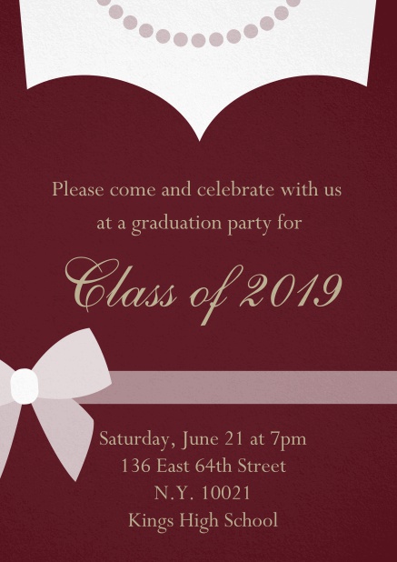 Class of 2019 graduation invitation card with evening dress and pearls Red.