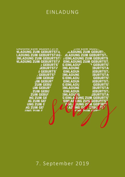 Online Einladungskarte zum 70. Geburtstag mit Zahl 70 und ausgeschriebenem siebzig Grün.