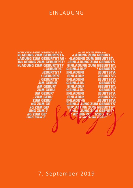 Online Einladungskarte zum 70. Geburtstag mit Zahl 70 und ausgeschriebenem siebzig Orange.