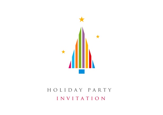 Online White Christmas Party invitation card with colorful Christmas tree and golden stars.