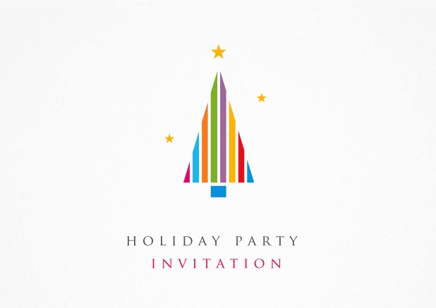 White Christmas Party invitation card with colorful Christmas tree and golden stars.